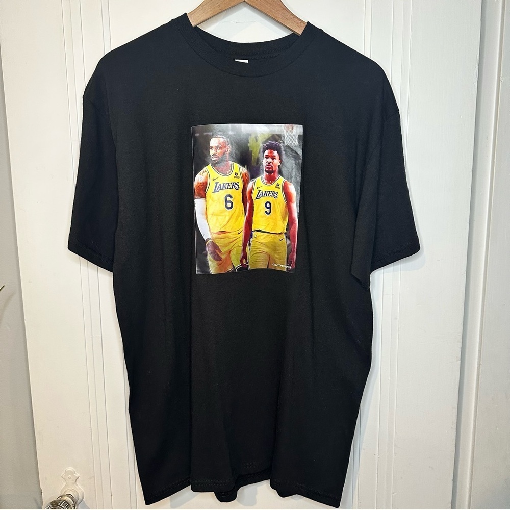 Bronny and LeBron James Lakes Black Graphic Tee with Basketball Print